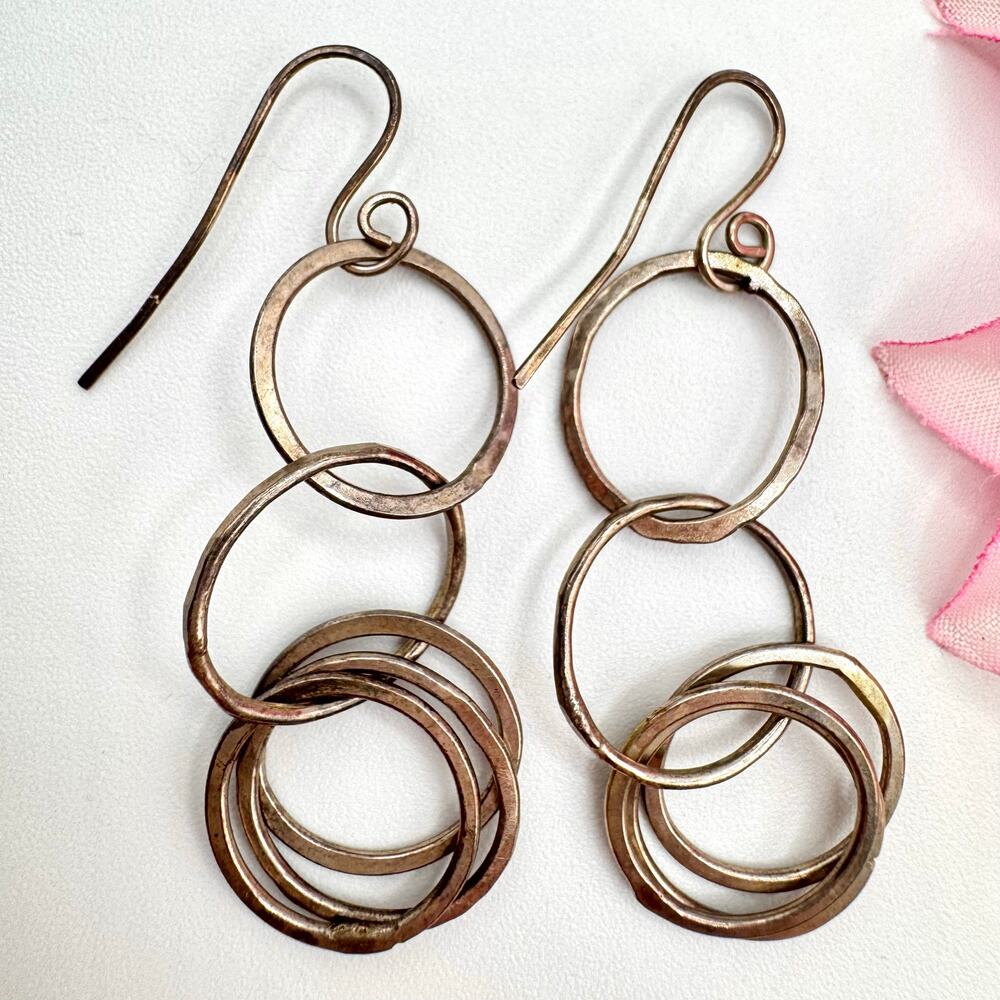 Artisan Hammered Joined Patina Silver Circles Dangle Earrings Modernist Artsy
